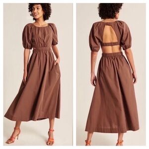 Abercrombie & Fitch High Neck Open Back Midi Dress Medium Brown Puffed Sleeve